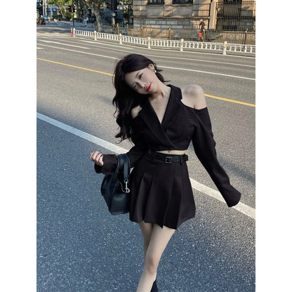 Kfashion Hollow Shoulder Blazer and Pleated Skirt Set ON129 - Egirldoll