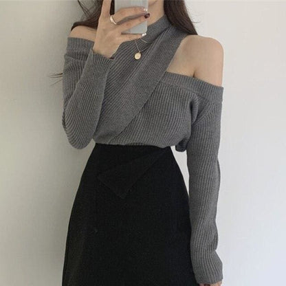 Knitted Sweater Cutout Off Shoulder Cross Tops BE156 - Egirldoll