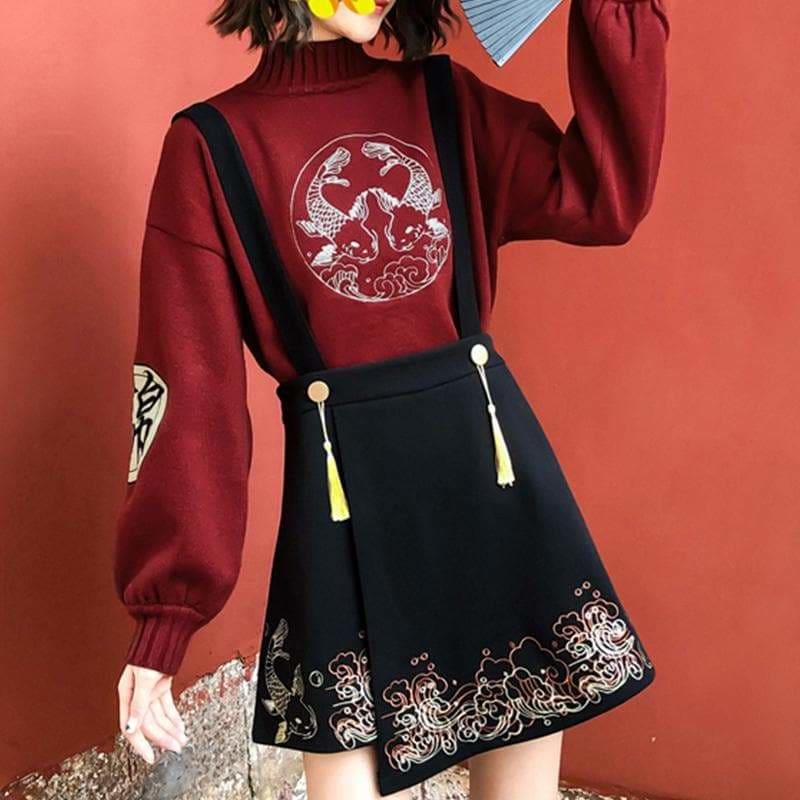Koi Fish Embroidery Vintage Knitted Sweater SP15697 - Egirldoll