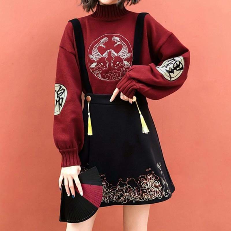 Koi Fish Embroidery Vintage Knitted Sweater SP15697 - Egirldoll