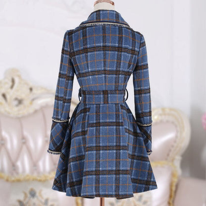 Korean Blue Plaid Woolen Coat Medium Long Windbreaker EG16775 - Egirldoll