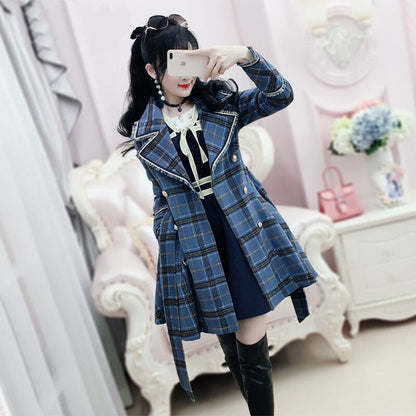 Korean Blue Plaid Woolen Coat Medium Long Windbreaker EG16775 - Egirldoll