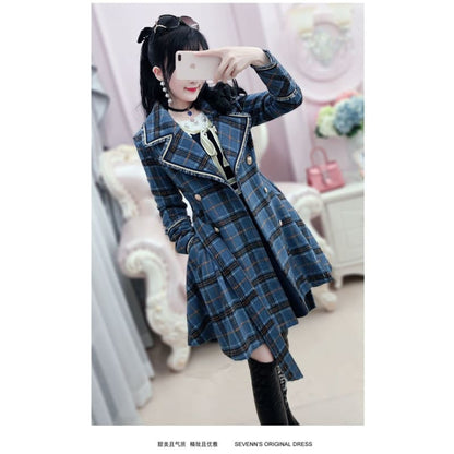 Korean Blue Plaid Woolen Coat Medium Long Windbreaker EG16775 - Egirldoll