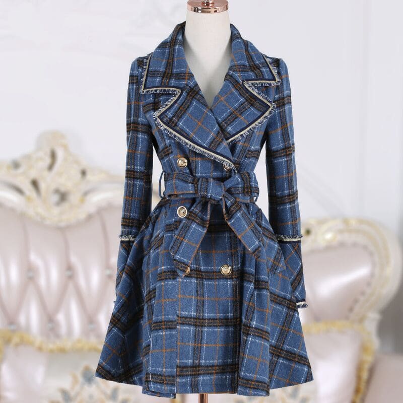 Korean Blue Plaid Woolen Coat Medium Long Windbreaker EG16775 - Egirldoll