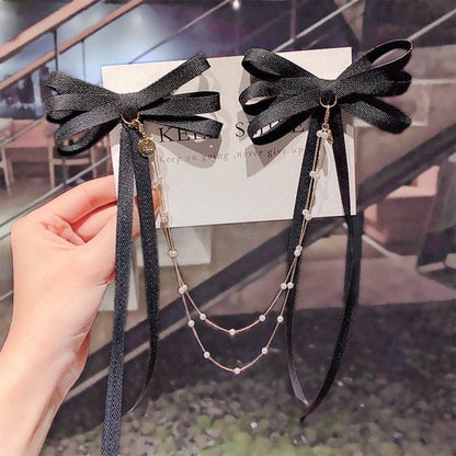 Korean Bow Pearls Chain Rhinestone Hair Clip EG16687 - Egirldoll