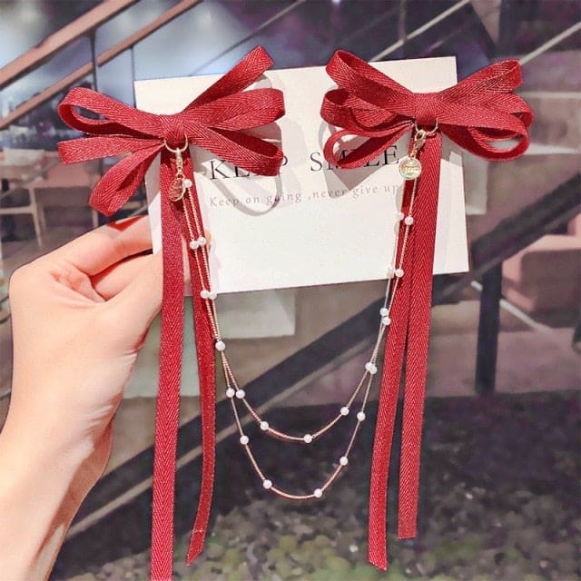 Korean Bow Pearls Chain Rhinestone Hair Clip EG16687 - Egirldoll