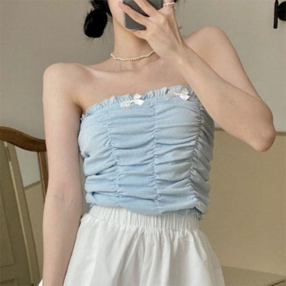 Korean Cropped Folds Bow Tank Long Sleeve Sun-proof Blue Blouse Set BE438 - Egirldoll