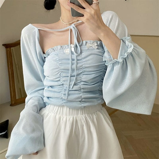 Korean Cropped Folds Bow Tank Long Sleeve Sun-proof Blue Blouse Set BE438 - Egirldoll