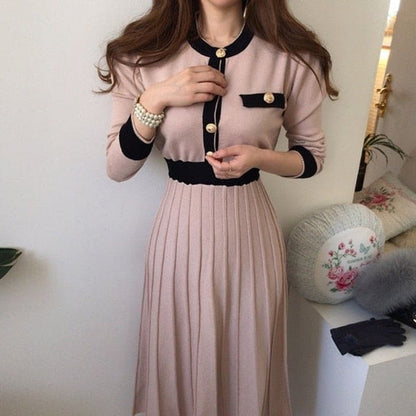 Korean Elegant Knitted A-line High Waist Pleated Pink Dress EG16986 - Egirldoll