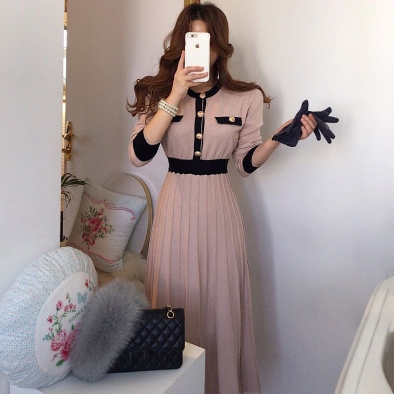Korean Elegant Knitted A-line High Waist Pleated Pink Dress EG16986 - Egirldoll