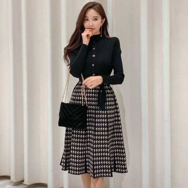 Korean Elegant Knitted Plaid Long Sleeve Lace-up Bow Pleated Dress EG16323 - Egirldoll
