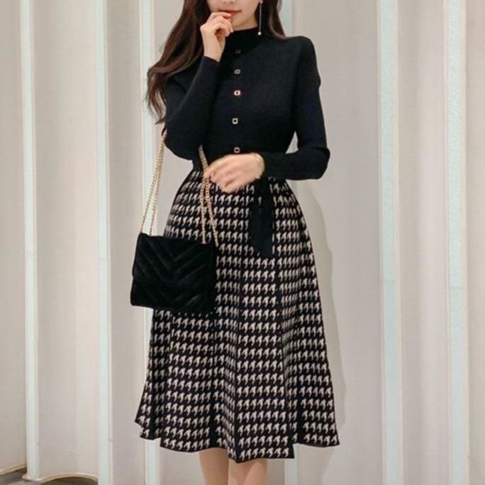 Korean Elegant Knitted Plaid Long Sleeve Lace-up Bow Pleated Dress EG16323 - Egirldoll
