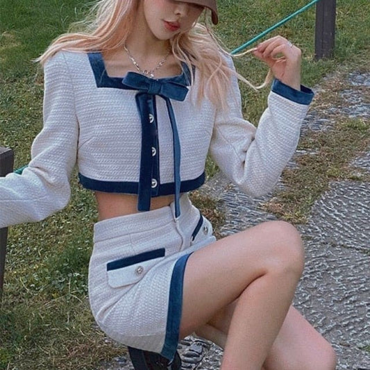 Korean Elegant White Long Sleeve Bow Two-Piece Mini Skirt Set EG17307 - Egirldoll