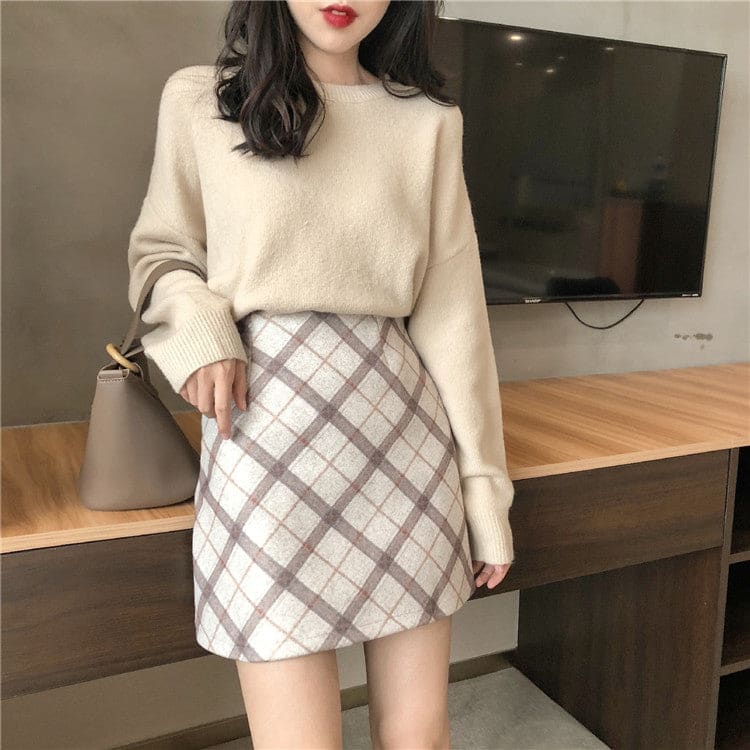 Korean Fashion Chic Sweater Plaid Skirt Set ON261 - Egirldoll
