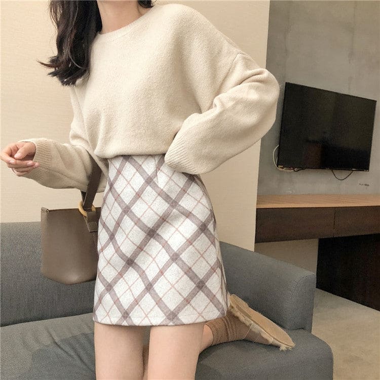 Korean Fashion Chic Sweater Plaid Skirt Set ON261 - Egirldoll