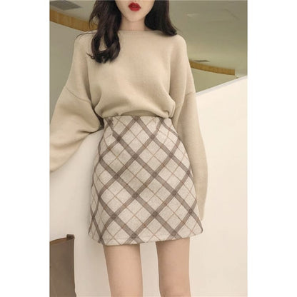 Korean Fashion Chic Sweater Plaid Skirt Set ON261 - Egirldoll