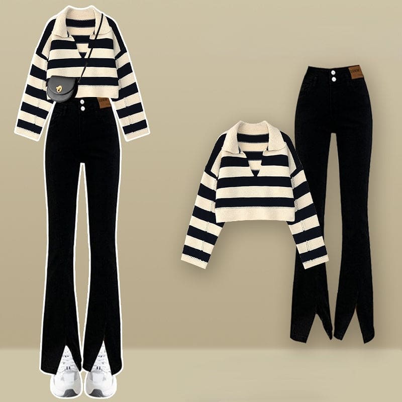 Korean Fashion Stripes Sweater Casual Pants Two Pieces Set ON250 - Egirldoll