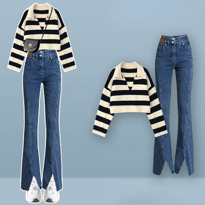 Korean Fashion Stripes Sweater Casual Pants Two Pieces Set ON250 - Egirldoll