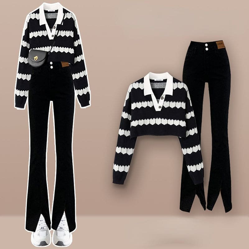 Korean Fashion Stripes Sweater Casual Pants Two Pieces Set ON250 - Egirldoll