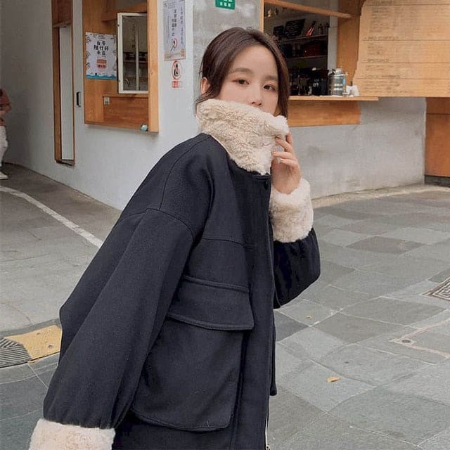 Korean Kawaii Thick Velvet Loose Cute Warm Jacket BE404 - Egirldoll