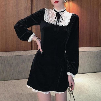 Korean Lace Patchwork O Neck Black High Waist Dress BE164 - Egirldoll