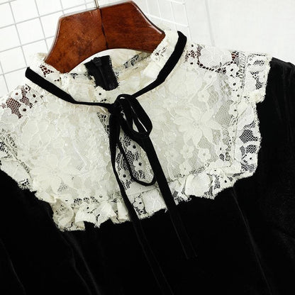 Korean Lace Patchwork O Neck Black High Waist Dress BE164 - Egirldoll