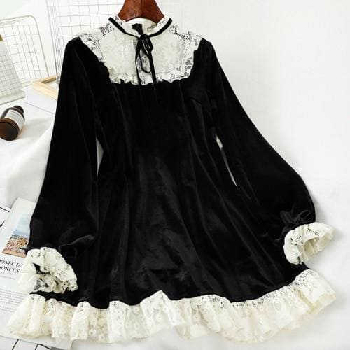 Korean Lace Patchwork O Neck Black High Waist Dress BE164 - Egirldoll