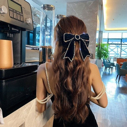 Korean Legant Ribbon Velvet Bow Crystal Hair Clips EG17223 - Egirldoll