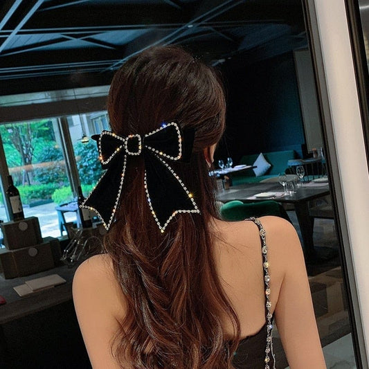 Korean Legant Ribbon Velvet Bow Crystal Hair Clips EG17223 - Egirldoll