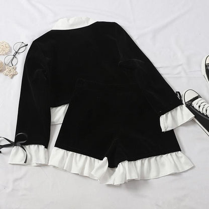 Korean Ruffled Black White Blouse&High Waist Pants Suits BE142 - Egirldoll