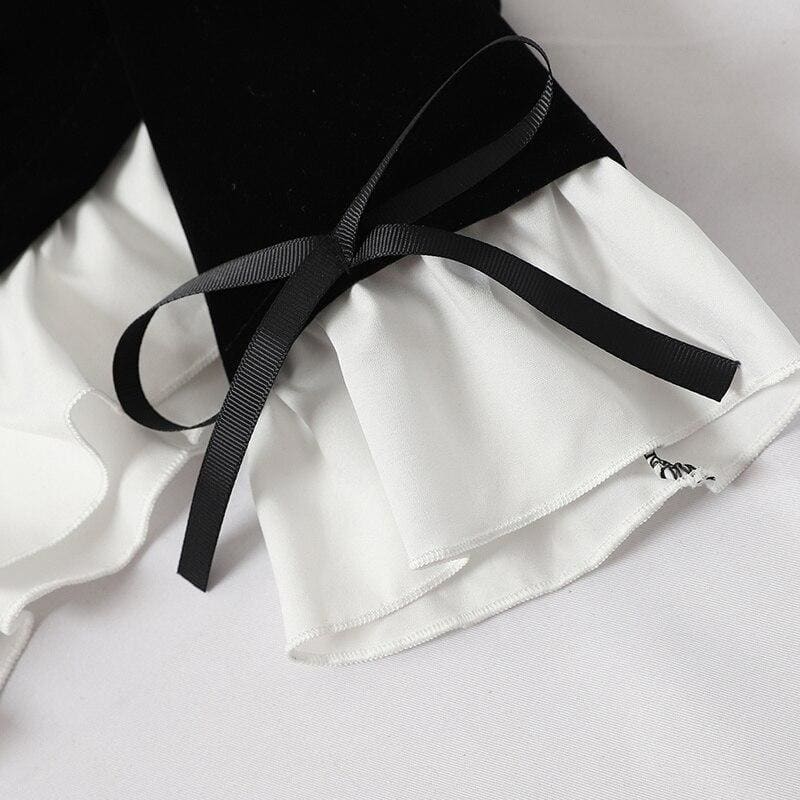 Korean Ruffled Black White Blouse&High Waist Pants Suits BE142 - Egirldoll