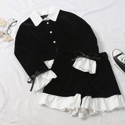 Korean Ruffled Black White Blouse&High Waist Pants Suits BE142 - Egirldoll