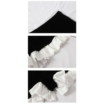 Korean Ruffled Black White Blouse&High Waist Pants Suits BE142 - Egirldoll