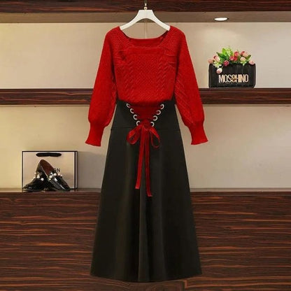 Korean Two-piece Square Neck Sweater High Waist Skirt Set EG16730 - Egirldoll