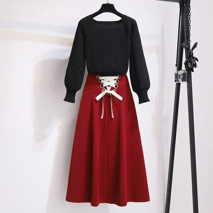 Korean Two-piece Square Neck Sweater High Waist Skirt Set EG16730 - Egirldoll