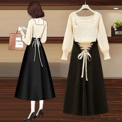 Korean Two-piece Square Neck Sweater High Waist Skirt Set EG16730 - Egirldoll