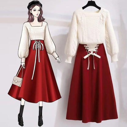 Korean Two-piece Square Neck Sweater High Waist Skirt Set EG16730 - Egirldoll