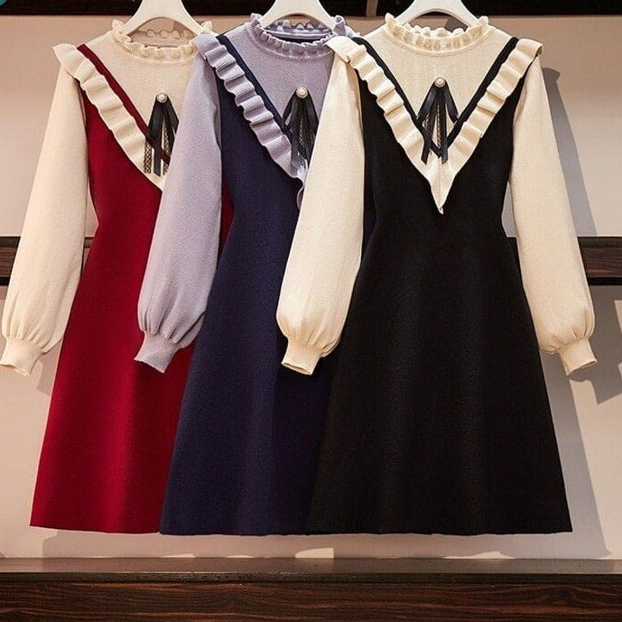 Korean Warm Plus Size Fake Two-piece Knitted Dress BE334 - Egirldoll