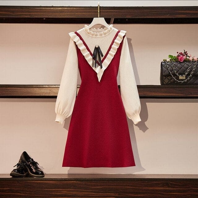 Korean Warm Plus Size Fake Two-piece Knitted Dress BE334 - Egirldoll