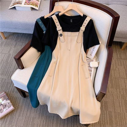 L-4XL Cyan Green/Beige Fake Two Pieces Overall Dress ON03 - Egirldoll