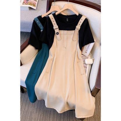 L-4XL Cyan Green/Beige Fake Two Pieces Overall Dress ON03 - Egirldoll