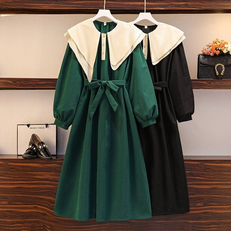 L-4XL Plus Size Green Black Double Collar Lantern Long Sleeve Dress EG16877 - Egirldoll