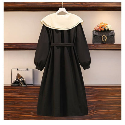 L-4XL Plus Size Green Black Double Collar Lantern Long Sleeve Dress EG16877 - Egirldoll