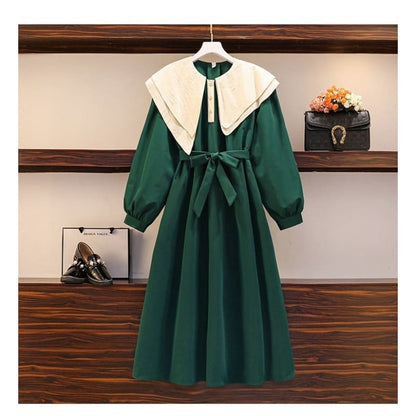 L-4XL Plus Size Green Black Double Collar Lantern Long Sleeve Dress EG16877 - Egirldoll