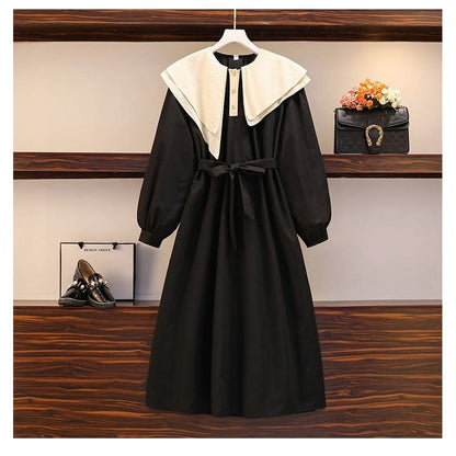 L-4XL Plus Size Green Black Double Collar Lantern Long Sleeve Dress EG16877 - Egirldoll