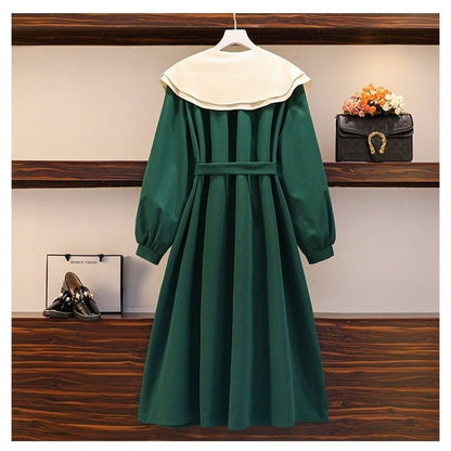 L-4XL Plus Size Green Black Double Collar Lantern Long Sleeve Dress EG16877 - Egirldoll