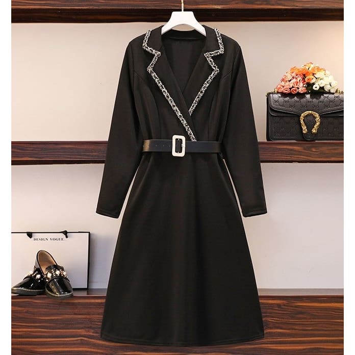 L-5XL Plus Size Vintage Long Sleeve Tweed Black Dress BE361 - Egirldoll