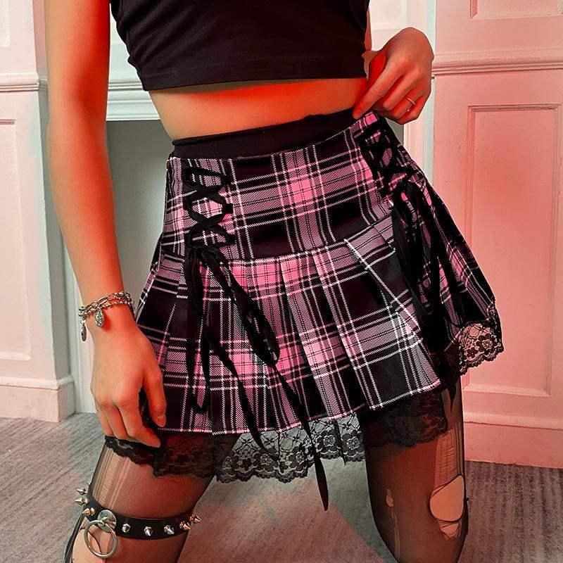 Lace Up Goth Y2K Pink Stripe Plaid Lace Trim Pleated Skirt EG282 - Egirldoll