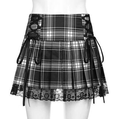 Lace Up Goth Y2K Pink Stripe Plaid Lace Trim Pleated Skirt EG282 - Egirldoll