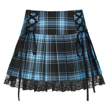 Lace Up Goth Y2K Pink Stripe Plaid Lace Trim Pleated Skirt EG282 - Egirldoll